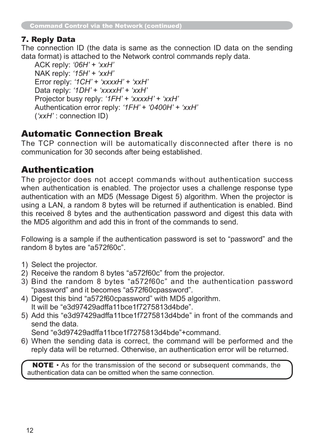 Hitachi CP-X615W, CP-X705W user manual Automatic Connection Break, Authentication, Reply Data 