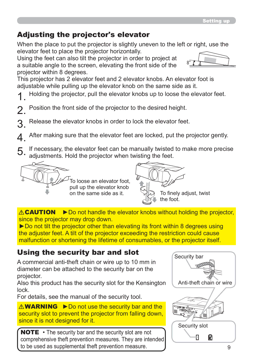 Hitachi CP-X615W Adjusting the projectors elevator, Using the security bar and slot, VlqfhLwLvQrwGhvljqhgIruLw 