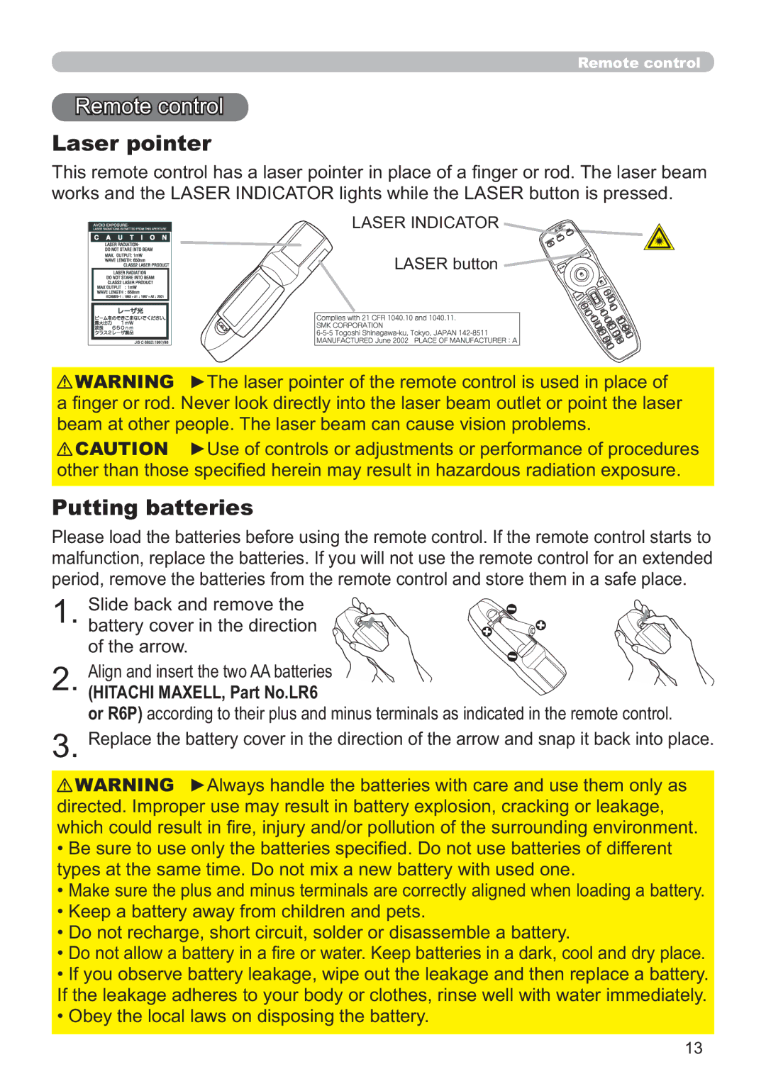 Hitachi CP-X615W Laser pointer, Putting batteries,  $OljqDqgLqvhuwWkhWzr$$Edwwhulhv, Hitachi MAXELL, Part No.LR6 