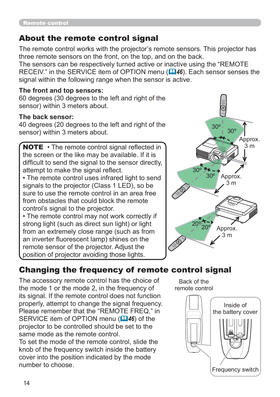 Hitachi CP-X705W, CP-X615W About the remote control signal, Changing the frequency of remote control signal, Back sensor 