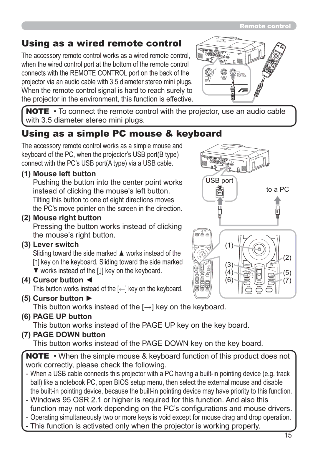 Hitachi CP-X615W Using as a wired remote control, Using as a simple PC mouse & keyboard, WkhPrxvh¶VUljkwExwwrq 