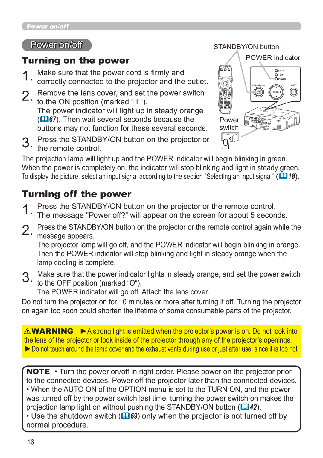 Hitachi CP-X705W, CP-X615W user manual Turning on the power, Turning off the power 