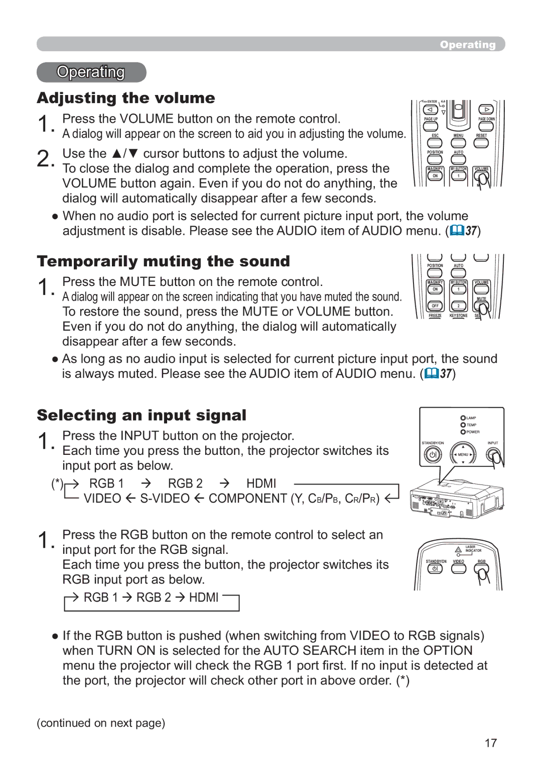 Hitachi CP-X615W, CP-X705W user manual Adjusting the volume, Temporarily muting the sound, Selecting an input signal 