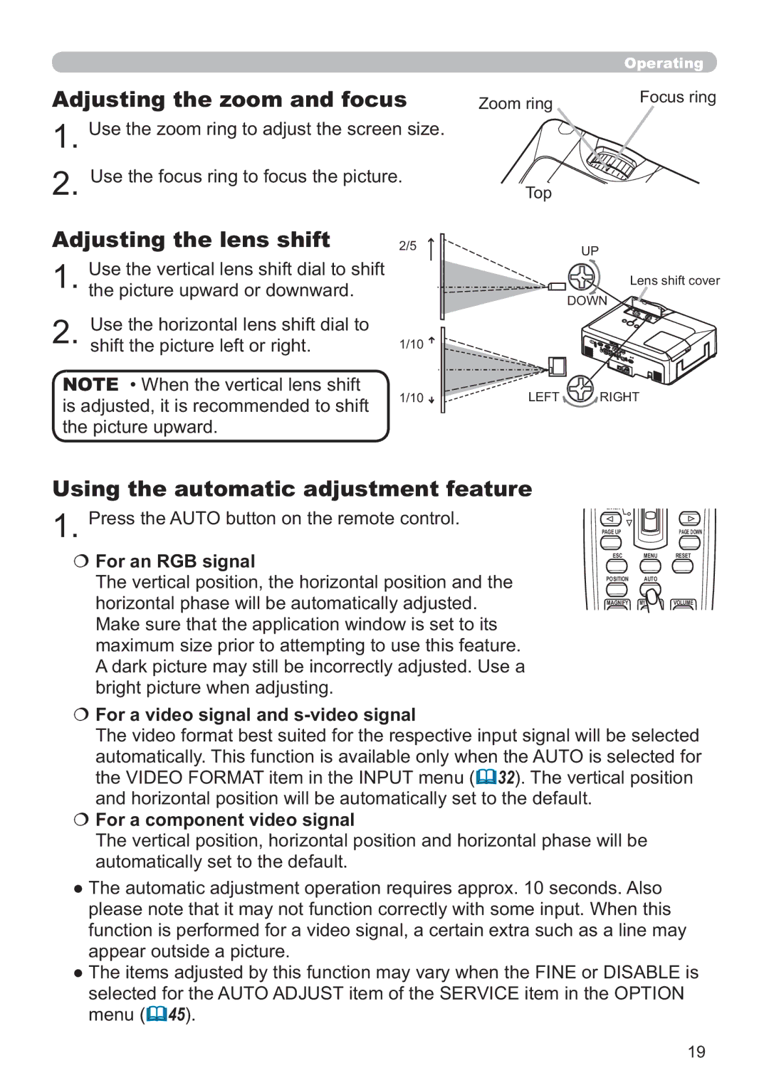 Hitachi CP-X615W, CP-X705W Adjusting the zoom and focus, Adjusting the lens shift, Using the automatic adjustment feature 