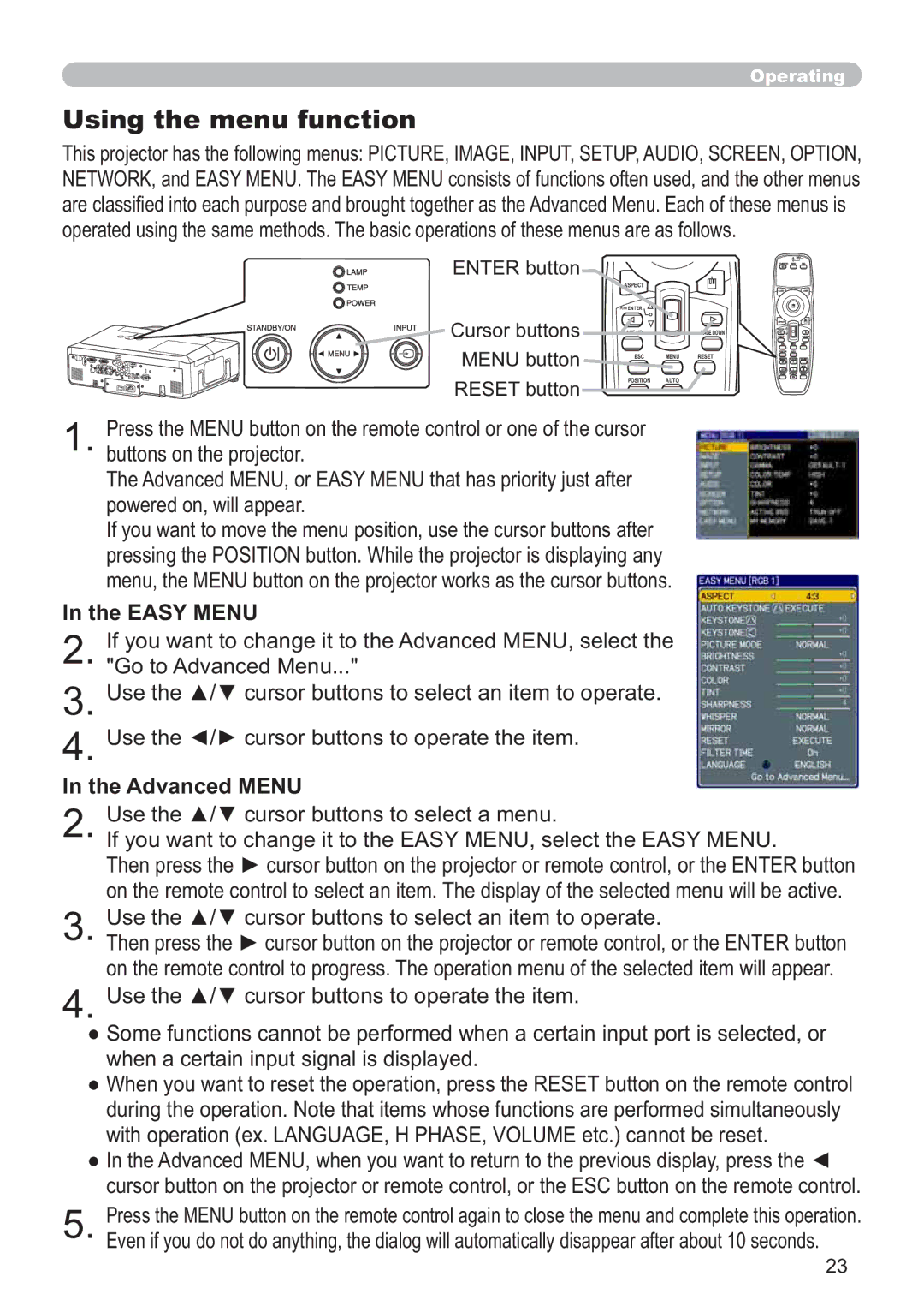 Hitachi CP-X615W Using the menu function, Easy Menu, Advanced Menu, ZkhqDFhuwdlqLqsxwVljqdoLvGlvsod\Hg, 175EXWWRQ 