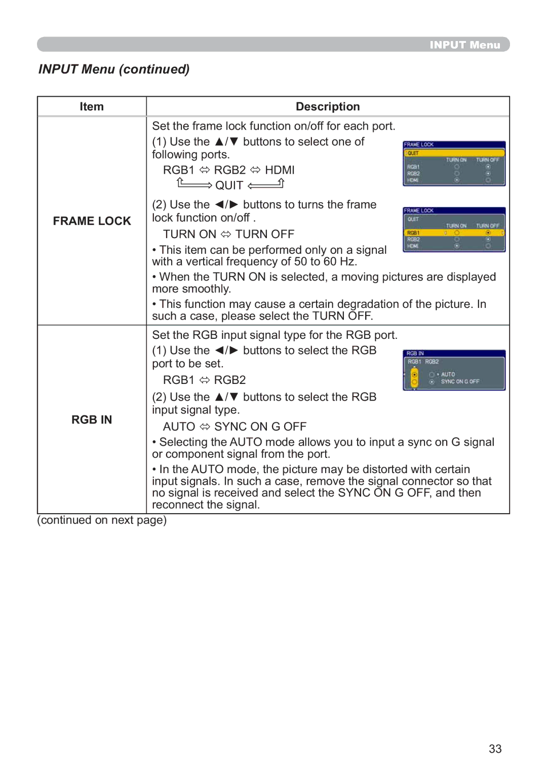 Hitachi CP-X615W, CP-X705W user manual Frame Lock, Rgb 