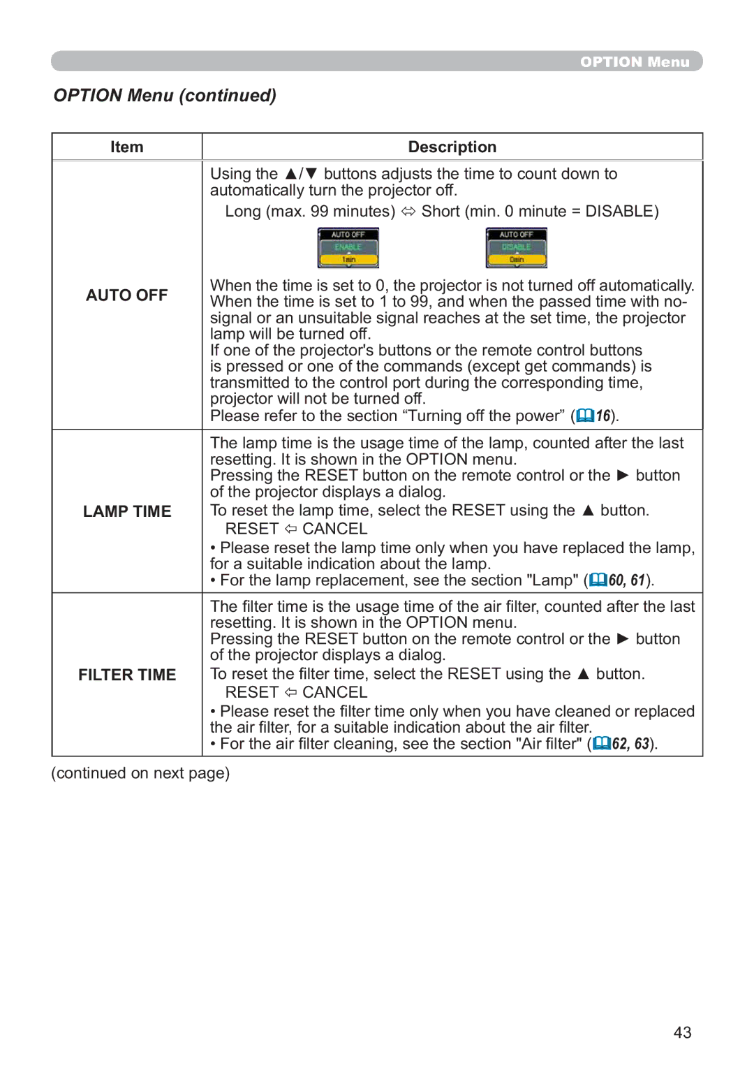 Hitachi CP-X615W, CP-X705W user manual Option Menu, Auto OFF, OdpsZlooEhWxuqhgRii, Lamp Time 