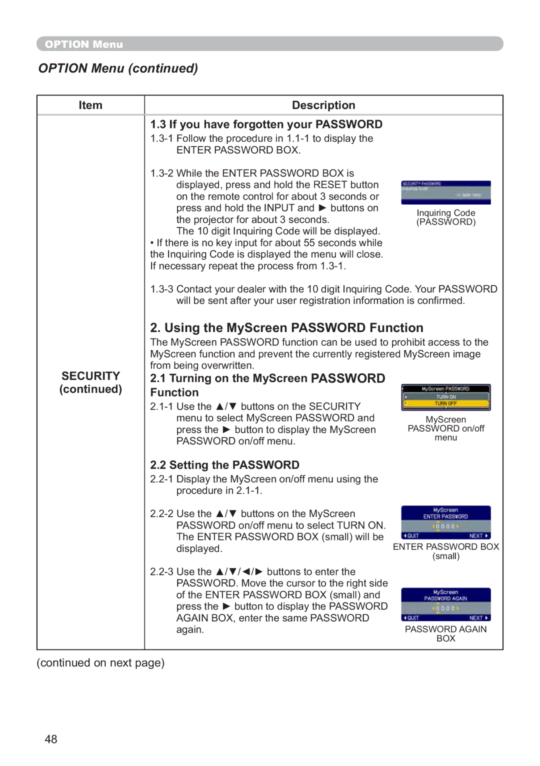 Hitachi CP-X705W, CP-X615W user manual Using the MyScreen Password Function, Description If you have forgotten your Password 