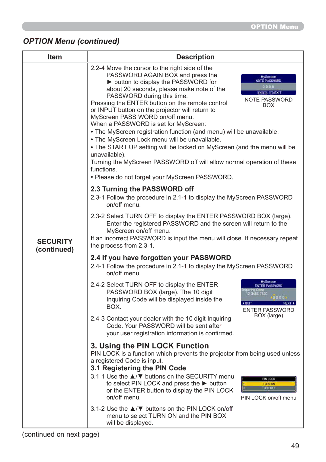 Hitachi CP-X615W Using the PIN Lock Function, Description Security, Turning the Password off, Registering the PIN Code 