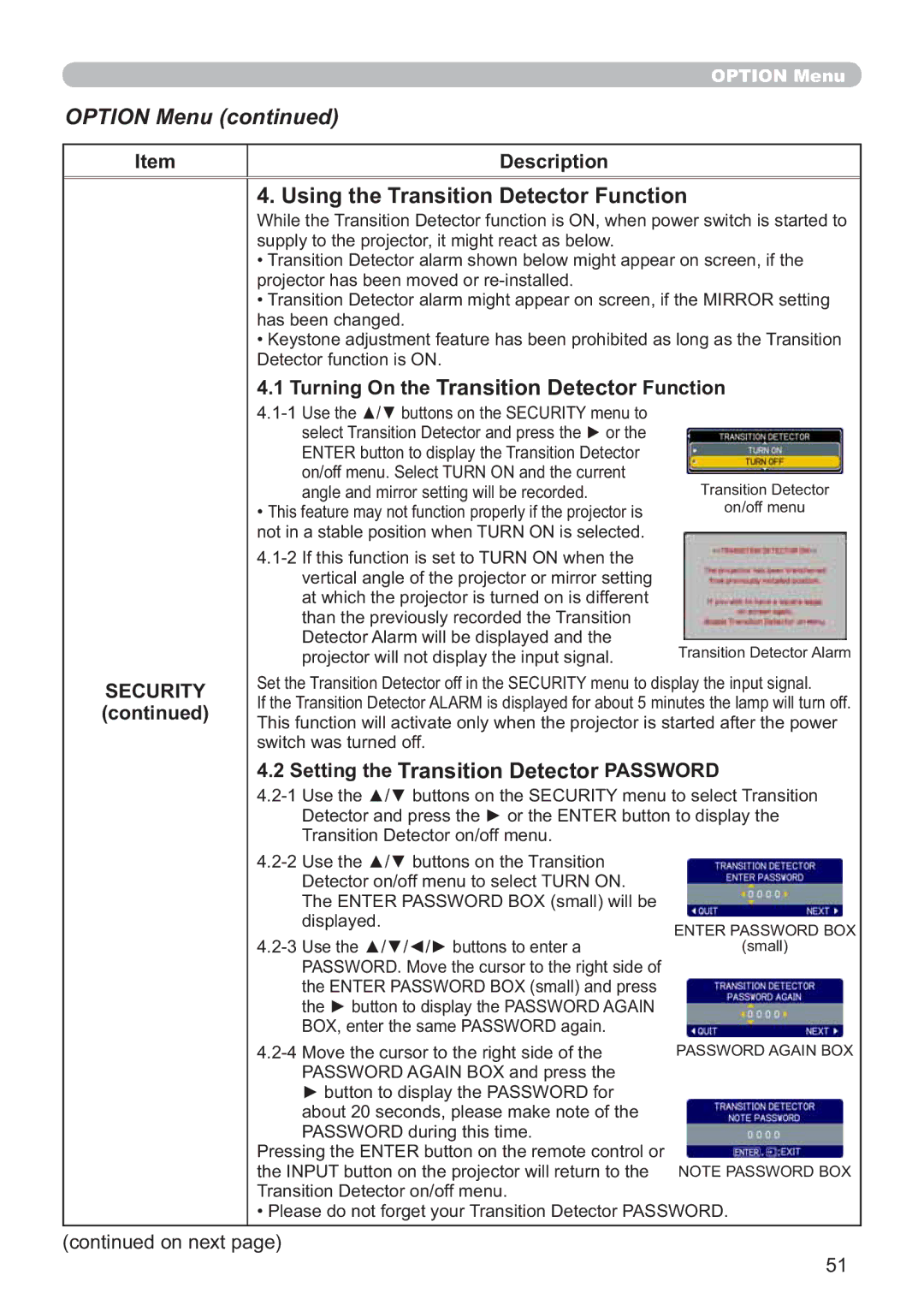 Hitachi CP-X615W, CP-X705W user manual Using the Transition Detector Function, Turning On the Transition Detector Function 