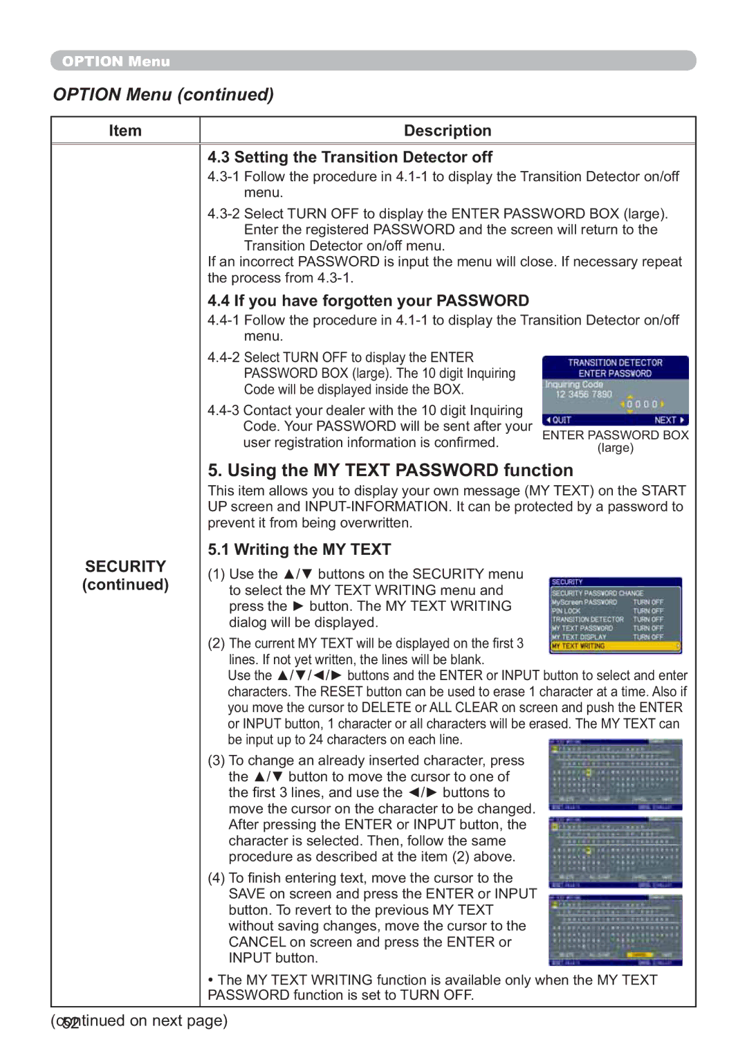 Hitachi CP-X705W Using the MY Text Password function, Description Setting the Transition Detector off, Writing the MY Text 