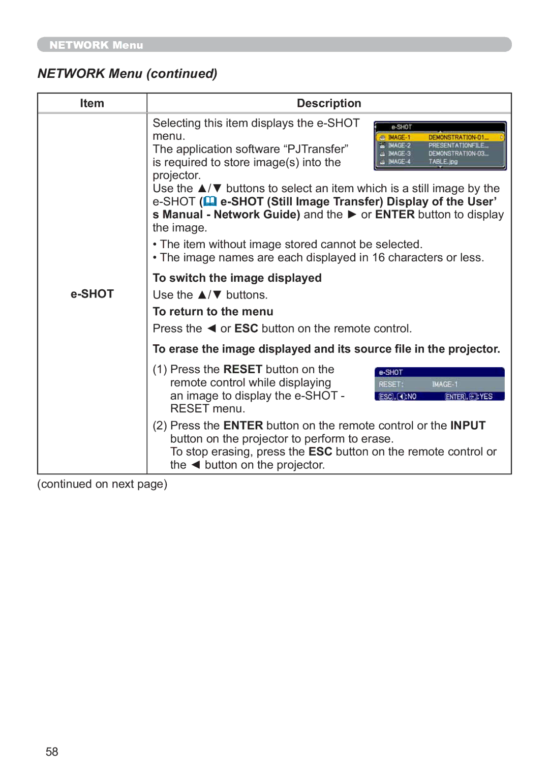 Hitachi CP-X705W, CP-X615W 6+27 e-SHOT Still Image Transfer Display of the User’, Shot To switch the image displayed 