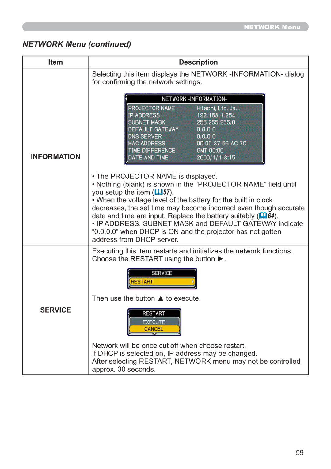 Hitachi CP-X615W, CP-X705W user manual IruFrq¿UplqjWkhQhwzrunVhwwlqjv, Information, 7KHQXVHWKHEXWWRQŸWRHHFXWH 