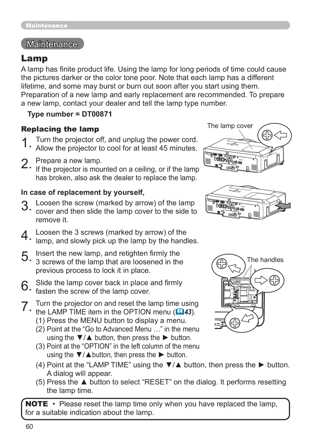 Hitachi CP-X705W, CP-X615W user manual Lamp, Type number = DT00871 Replacing the lamp, Case of replacement by yourself 