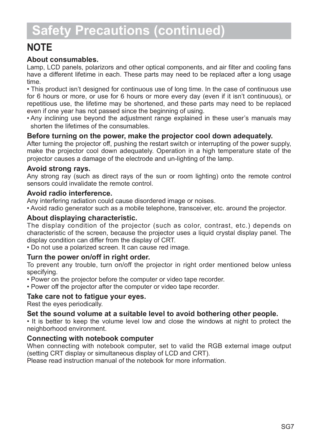 Hitachi CP-X615W, CP-X705W About consumables, Avoid strong rays, Avoid radio interference, About displaying characteristic 