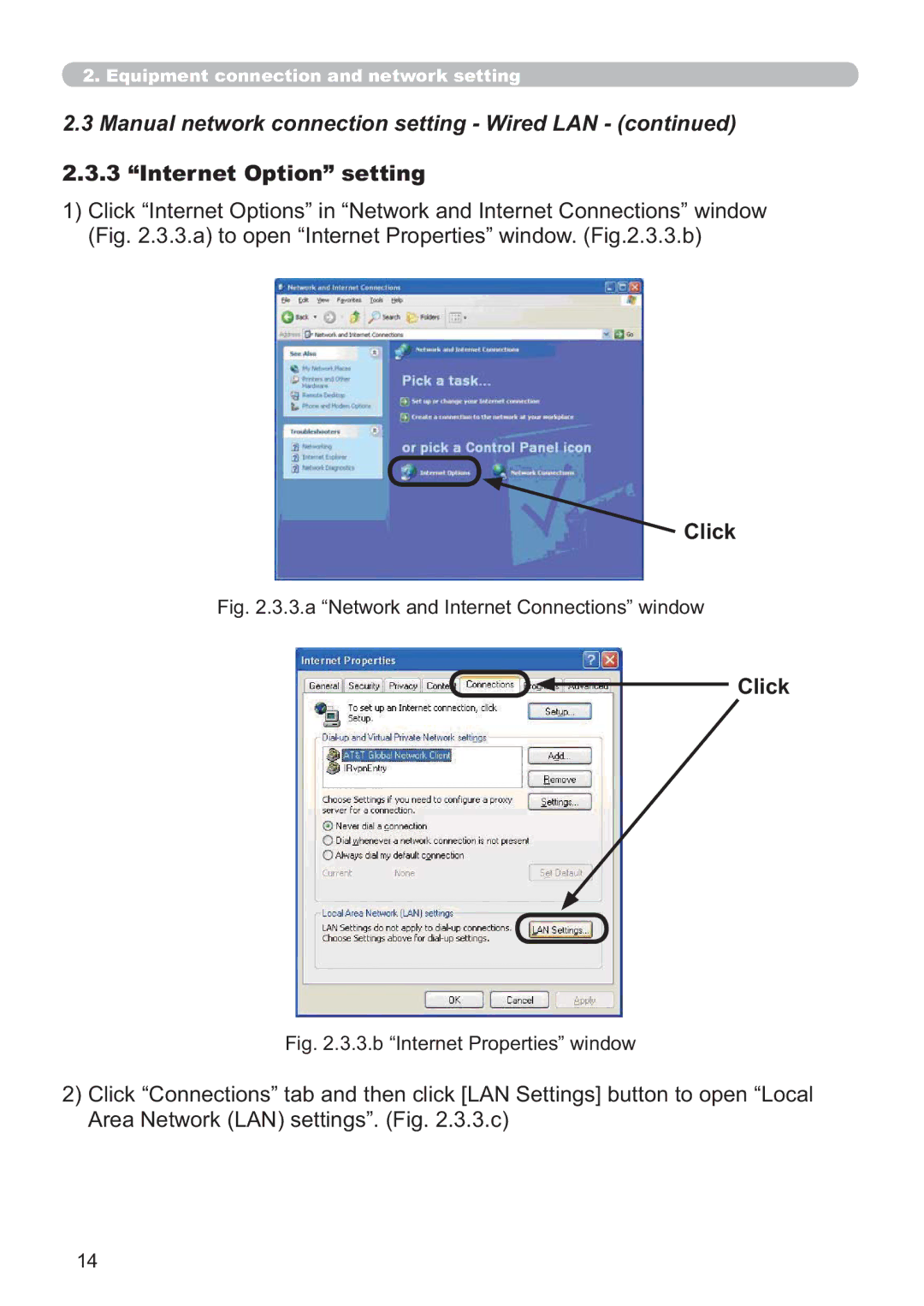 Hitachi CP-X809W user manual Internet Option setting, Click, LJD³1HWZRUNDQG,QWHUQHW&RQQHFWLRQV´ZLQGRZ 