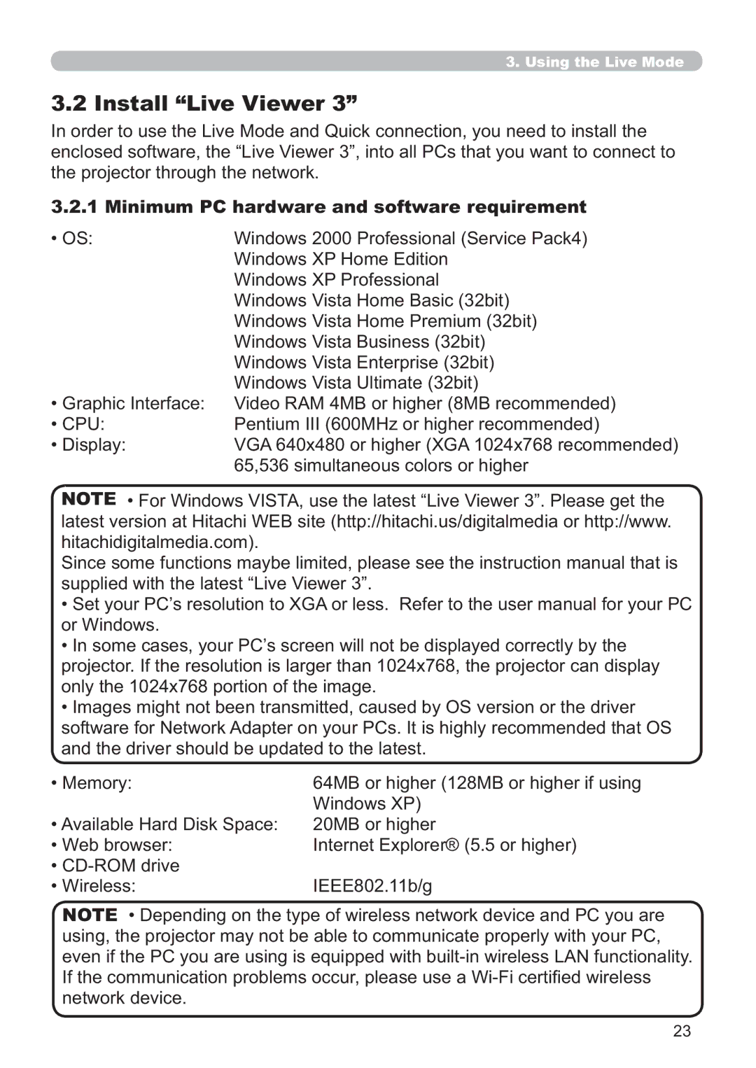 Hitachi CP-X809W user manual Install Live Viewer, Minimum PC hardware and software requirement 