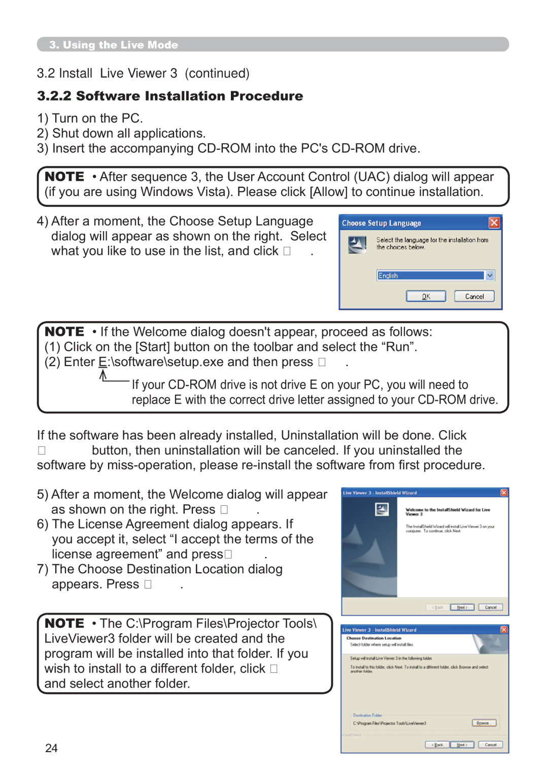 Hitachi CP-X809W Install Live Viewer, Software Installation Procedure, 7XUQRQWKH3&, 6KXWGRZQDOODSSOLFDWLRQV 