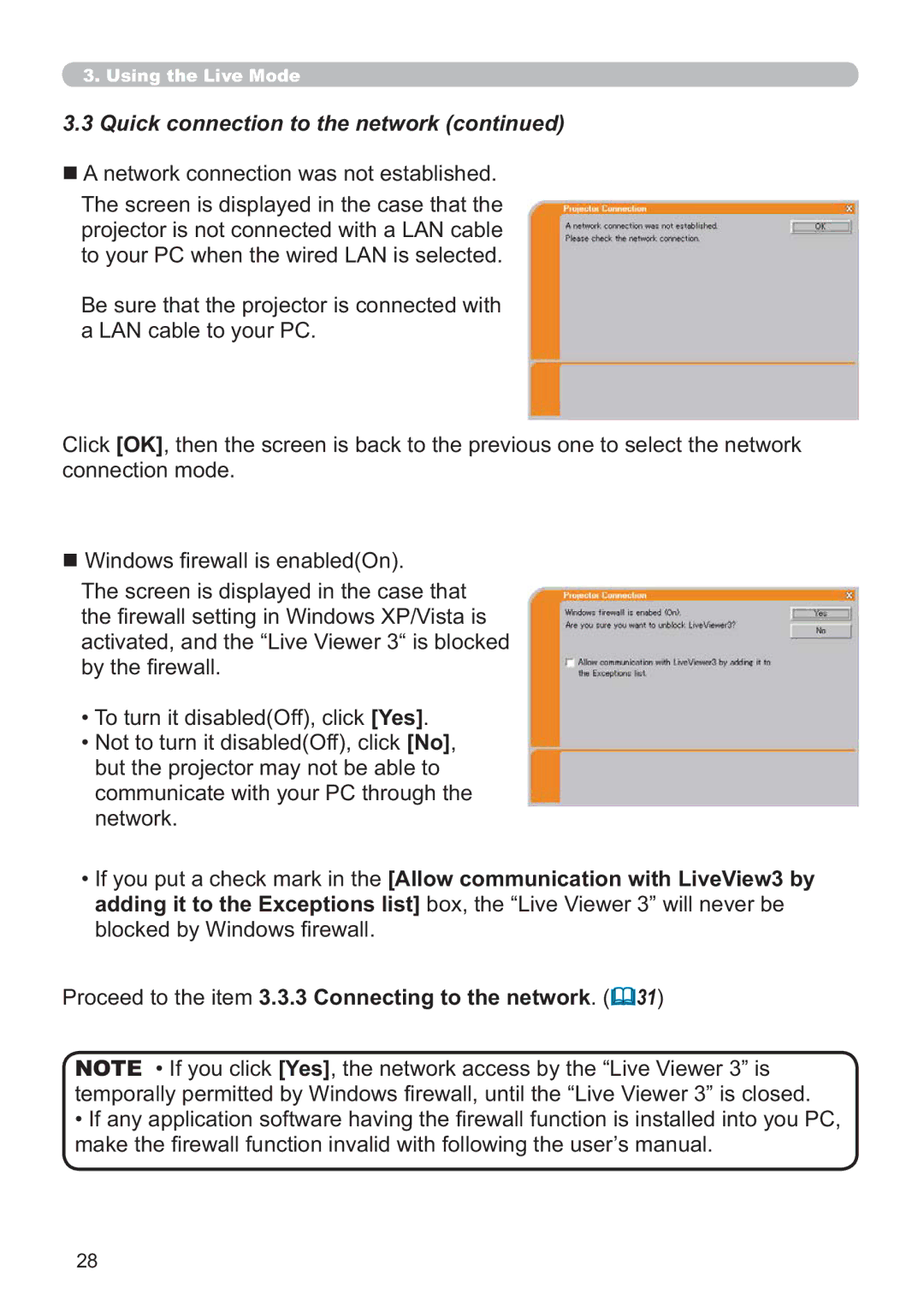 Hitachi CP-X809W „$QhwzrunFrqqhfwlrqZdvQrwHvwdeolvkhg, 3URFHHGWRWKHLWHP3.3.3 Connecting to the network 