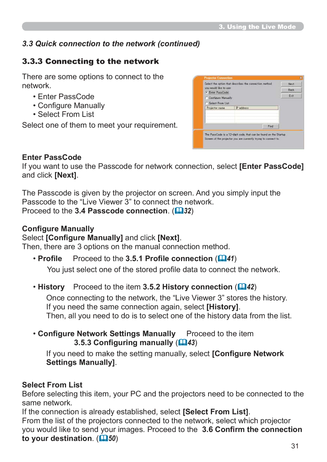 Hitachi CP-X809W user manual Connecting to the network, Enter PassCode, RQ¿JXUH0DQXDOO, &RQ¿JXULQJPDQXDOO\ 43 