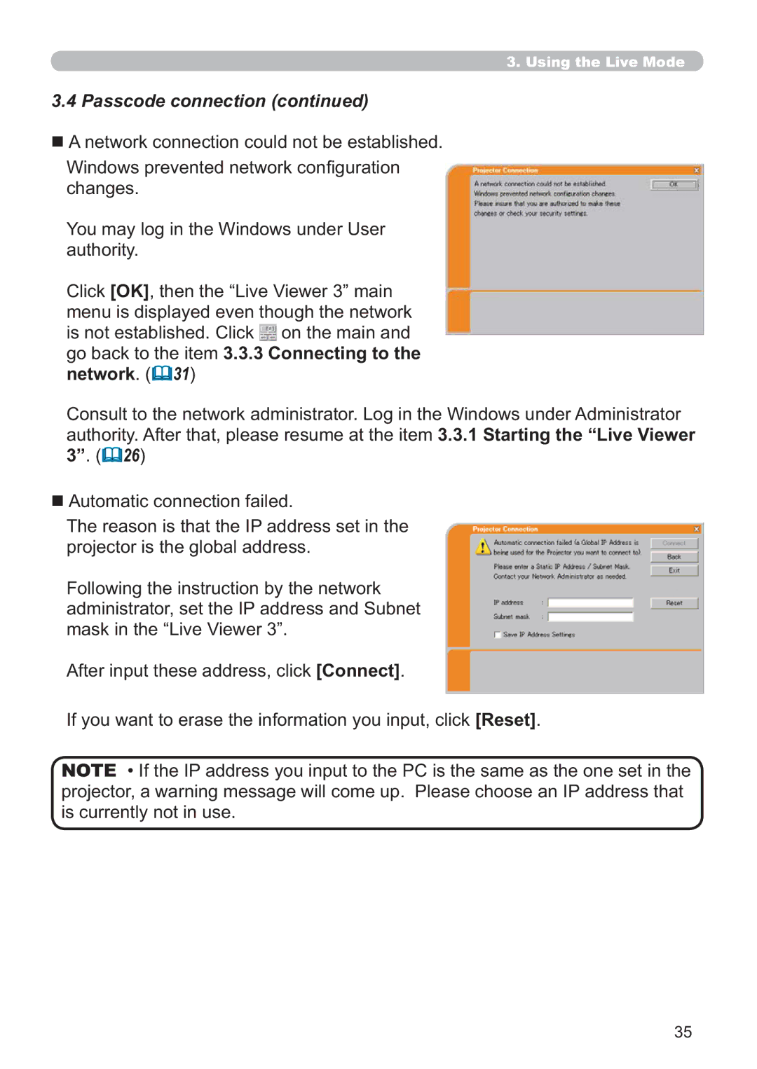 Hitachi CP-X809W Authority Click OKWKHQWKH³/LYH9LHZHU´PDLQ, Go back to the item 3.3.3 Connecting to the network 