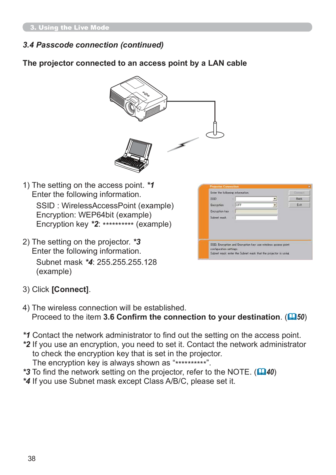 Hitachi CP-X809W user manual Projector connected to an access point by a LAN cable 