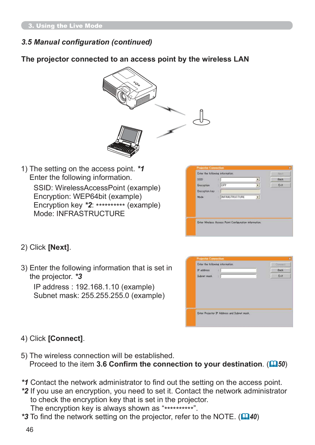 Hitachi CP-X809W user manual Projector connected to an access point by the wireless LAN 