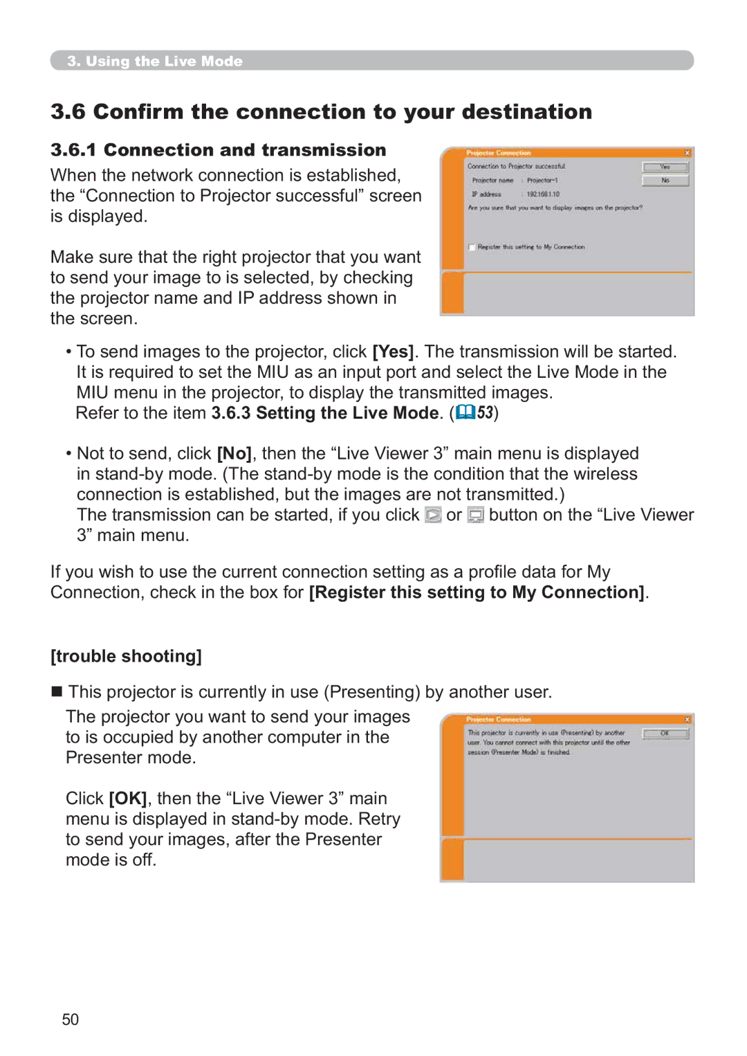 Hitachi CP-X809W user manual Connection and transmission, 5HIHUWRWKHLWHP3.6.3 Setting the Live Mode 