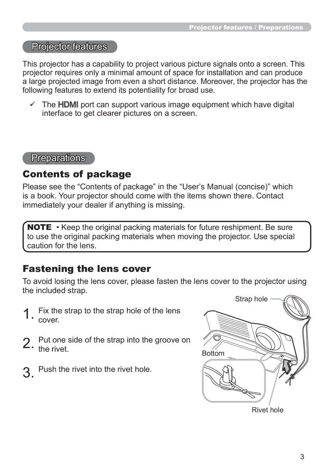 Hitachi CP-X809W user manual Contents of package, Fastening the lens cover 