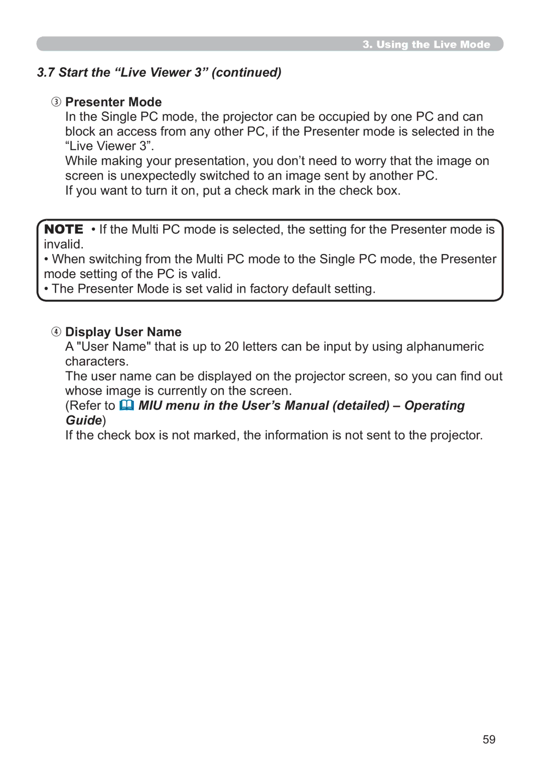 Hitachi CP-X809W user manual $ Presenter Mode, ³/LYH9LHZHU´, Lqydolg 