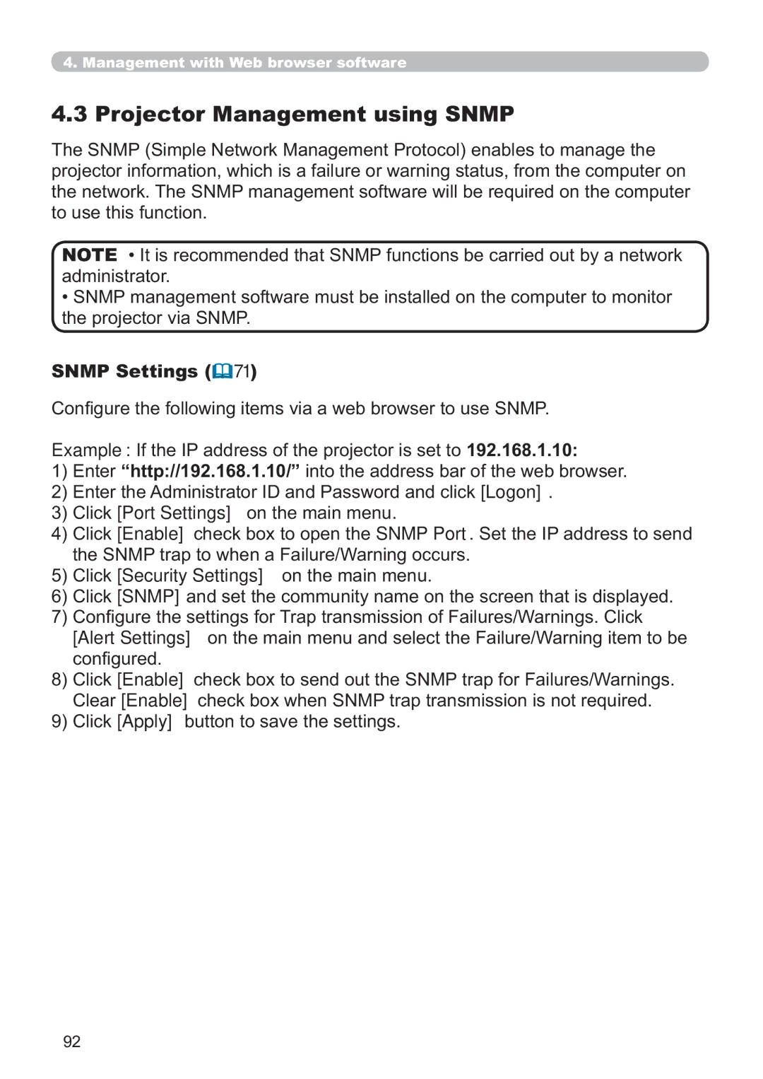 Hitachi CP-X809W user manual Projector Management using Snmp, Dgplqlvwudwru, WKHSURMHFWRUYLD6103, Snmp Settings 