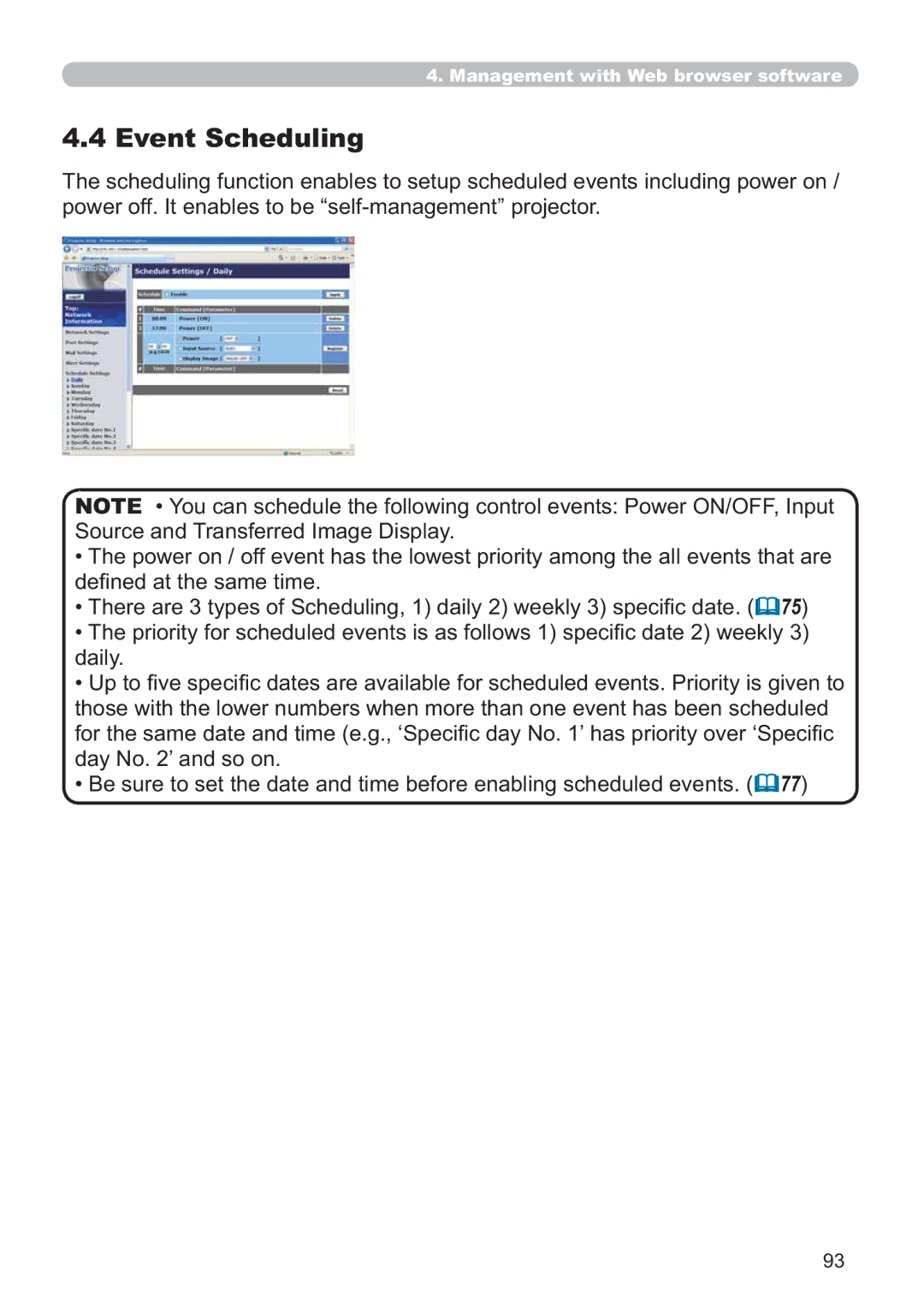 Hitachi CP-X809W user manual Event Scheduling, SRZHURII,WHQDEOHVWREH³VHOIPDQDJHPHQW´SURMHFWRU 