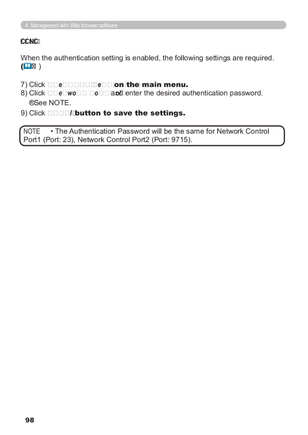 Hitachi CP-X809W user manual Command Control via the Network, 79, &OLFNSecurity Settings on the main menu 