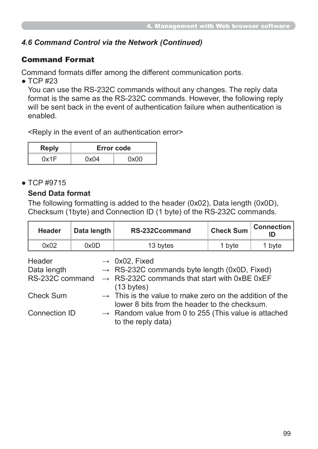 Hitachi CP-X809W Command Format, HQDEOHG 5HSO\LQWKHHYHQWRIDQDXWKHQWLFDWLRQHUURU, 6HQGDWDIRUPDW, +Hdghu 