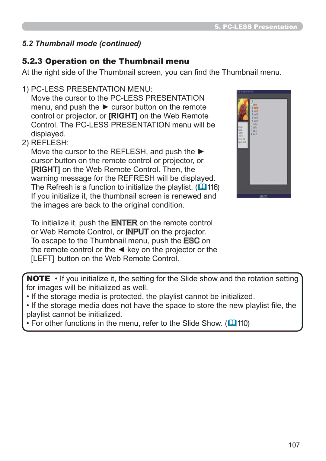 Hitachi CP-X809W user manual Operation on the Thumbnail menu, 5/6+, 0RYHWKHFXUVRUWRWKH5/6+DQGSXVKWKHŹ, 107 