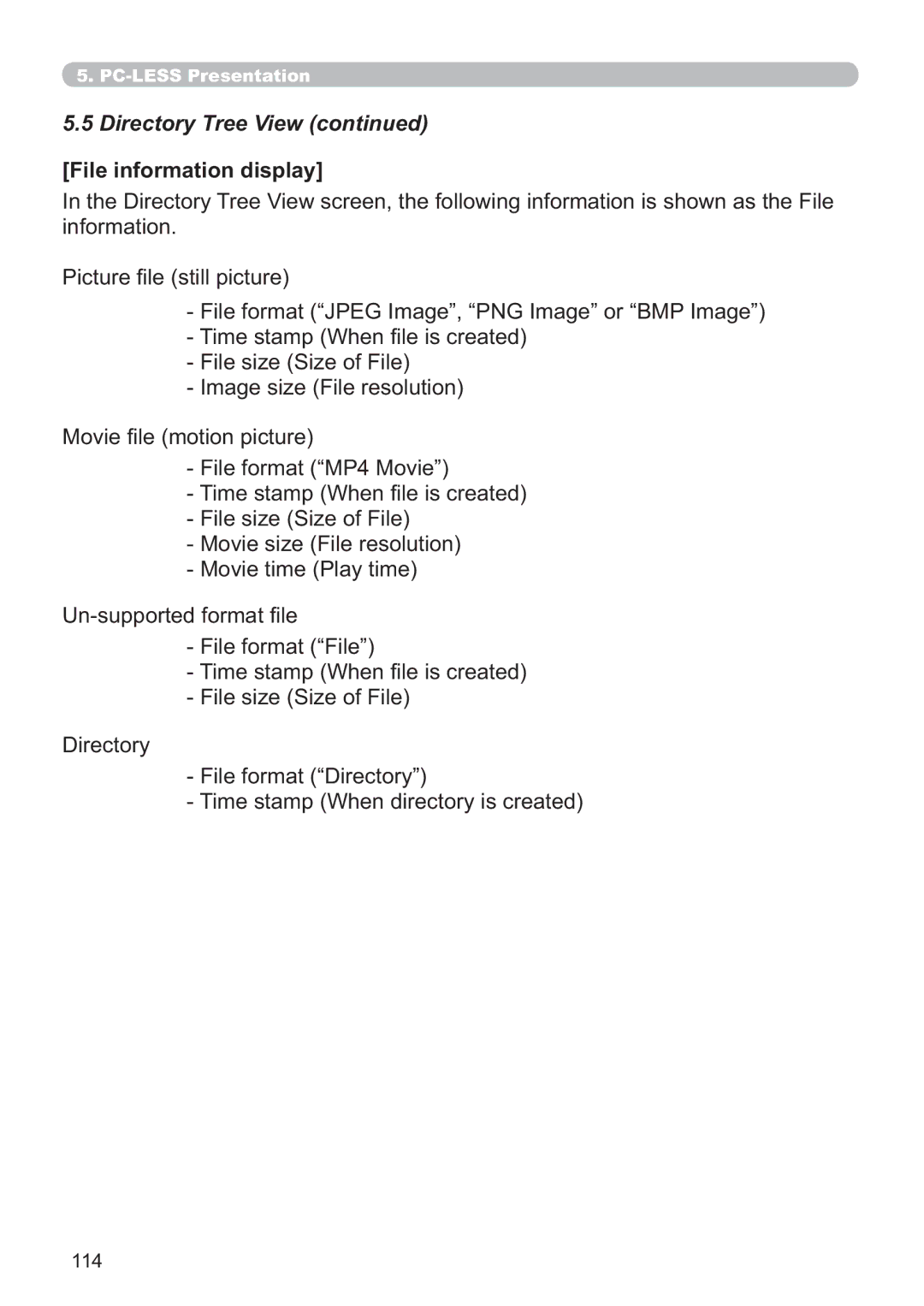 Hitachi CP-X809W user manual File information display, 3LFWXUH¿OHVWLOOSLFWXUH, 0RYLH¿OHPRWLRQSLFWXUH 