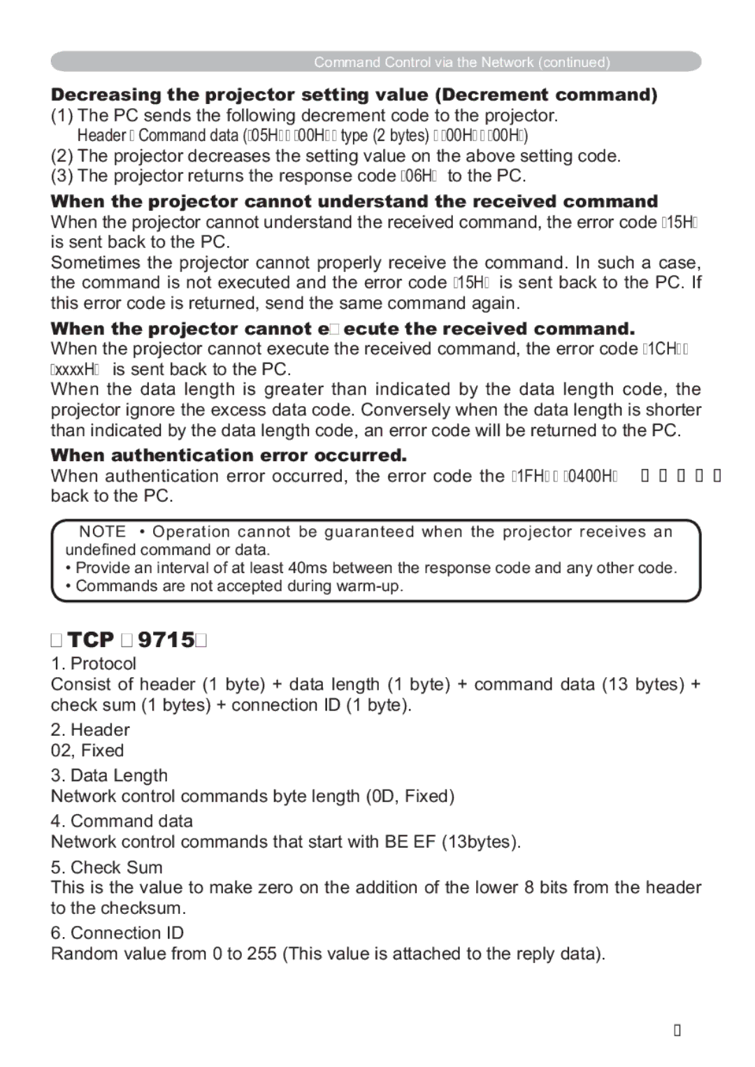 Hitachi CP-X809W user manual TCP #9715, When authentication error occurred, Data Length, Check Sum, Connection ID 