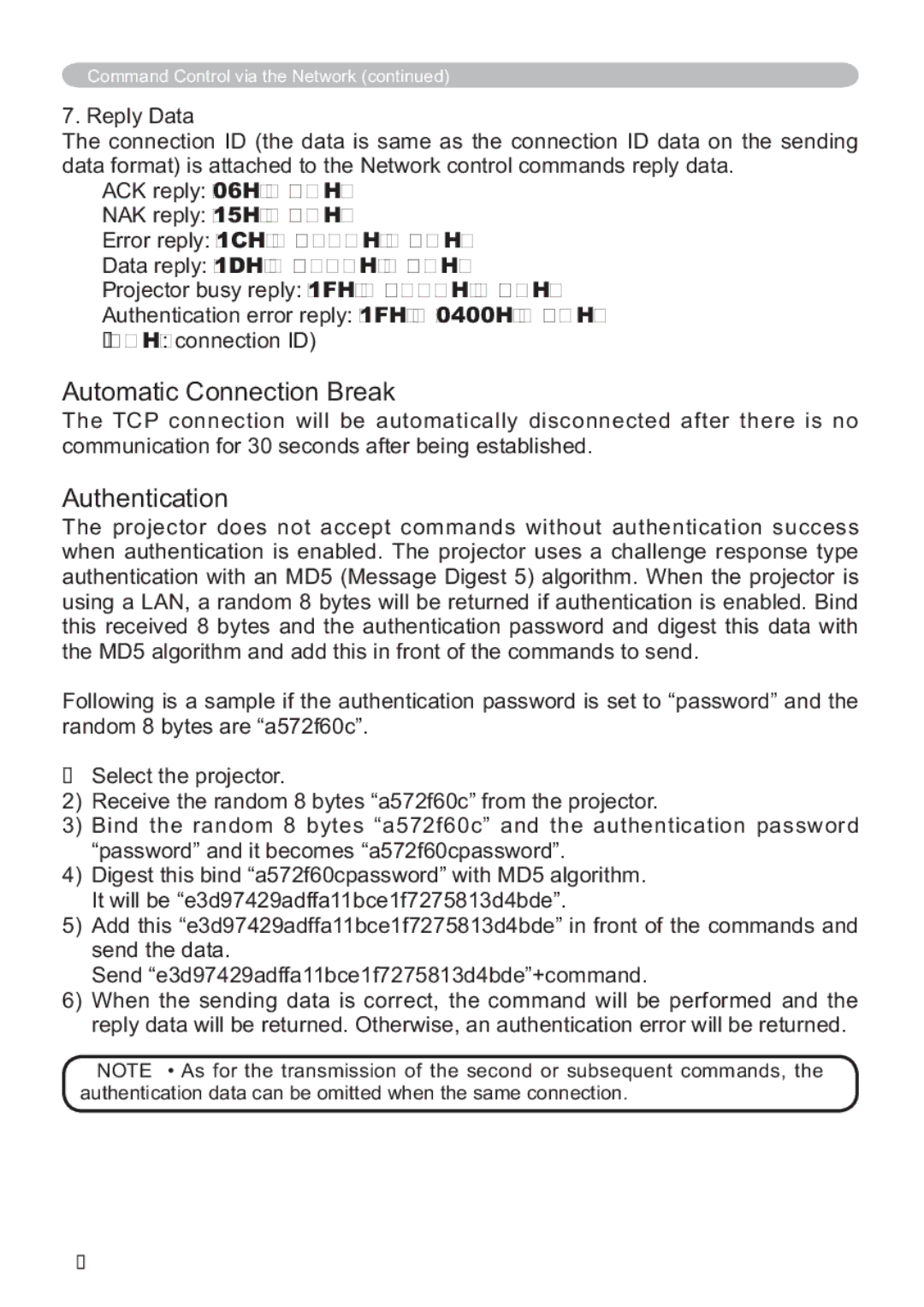 Hitachi CP-X809W user manual Automatic Connection Break, Authentication, Reply Data 