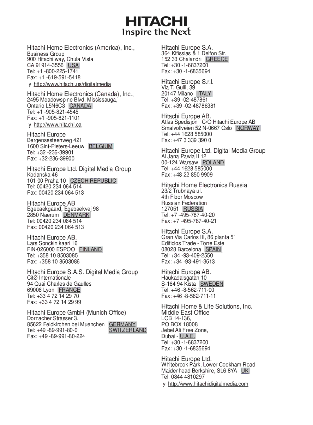 Hitachi CP-X809W user manual Hitachi Home Electronics America, Inc, Hitachi Home Electronics Canada, Inc, Hitachi Europe 