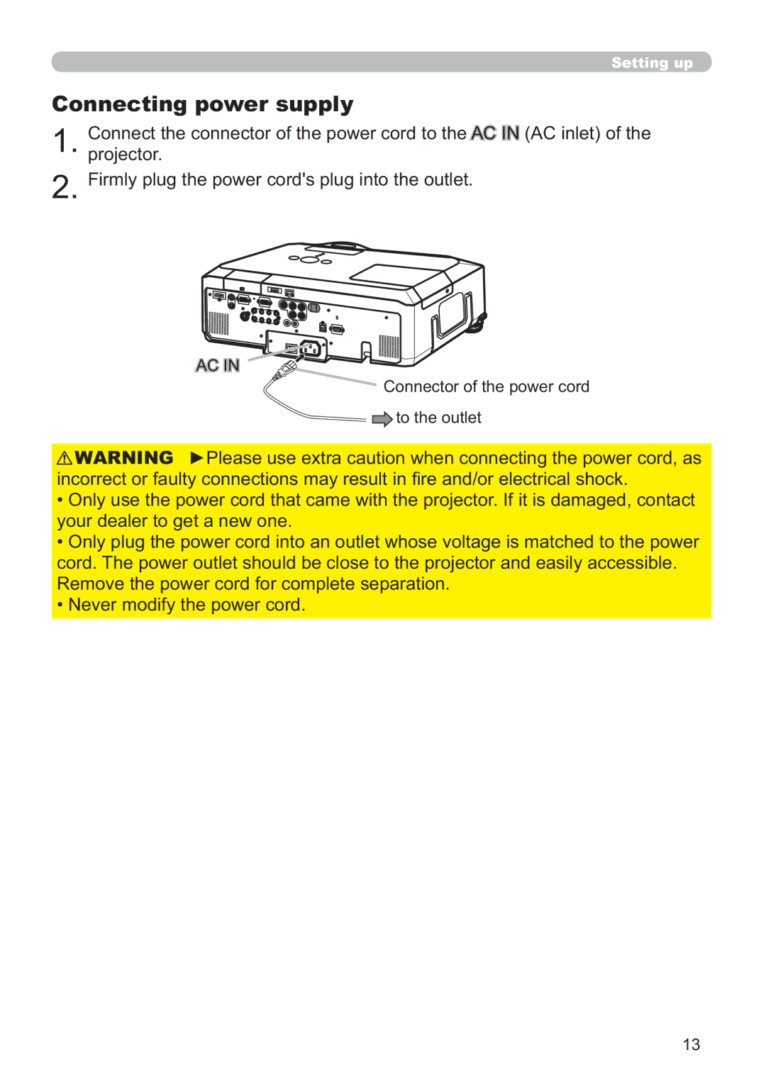 Hitachi CP-X809W user manual Connecting power supply, $&,1, RqqhfwruRiWkhSrzhuFrug WrWkhRxwohw 