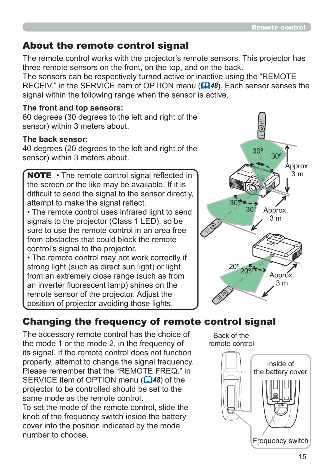 Hitachi CP-X809W user manual About the remote control signal, Changing the frequency of remote control signal, Back sensor 