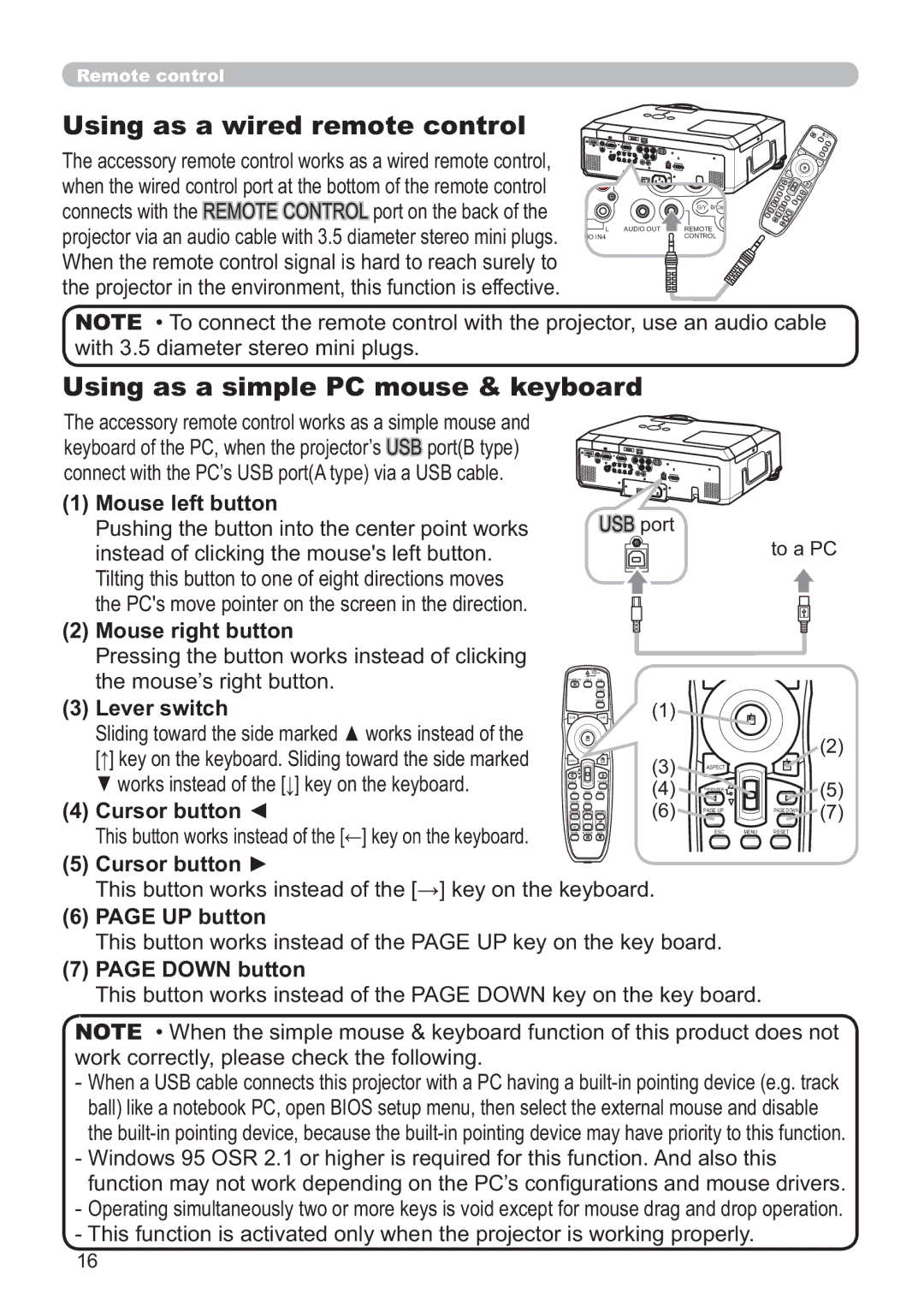 Hitachi CP-X809W user manual Using as a wired remote control, Using as a simple PC mouse & keyboard 