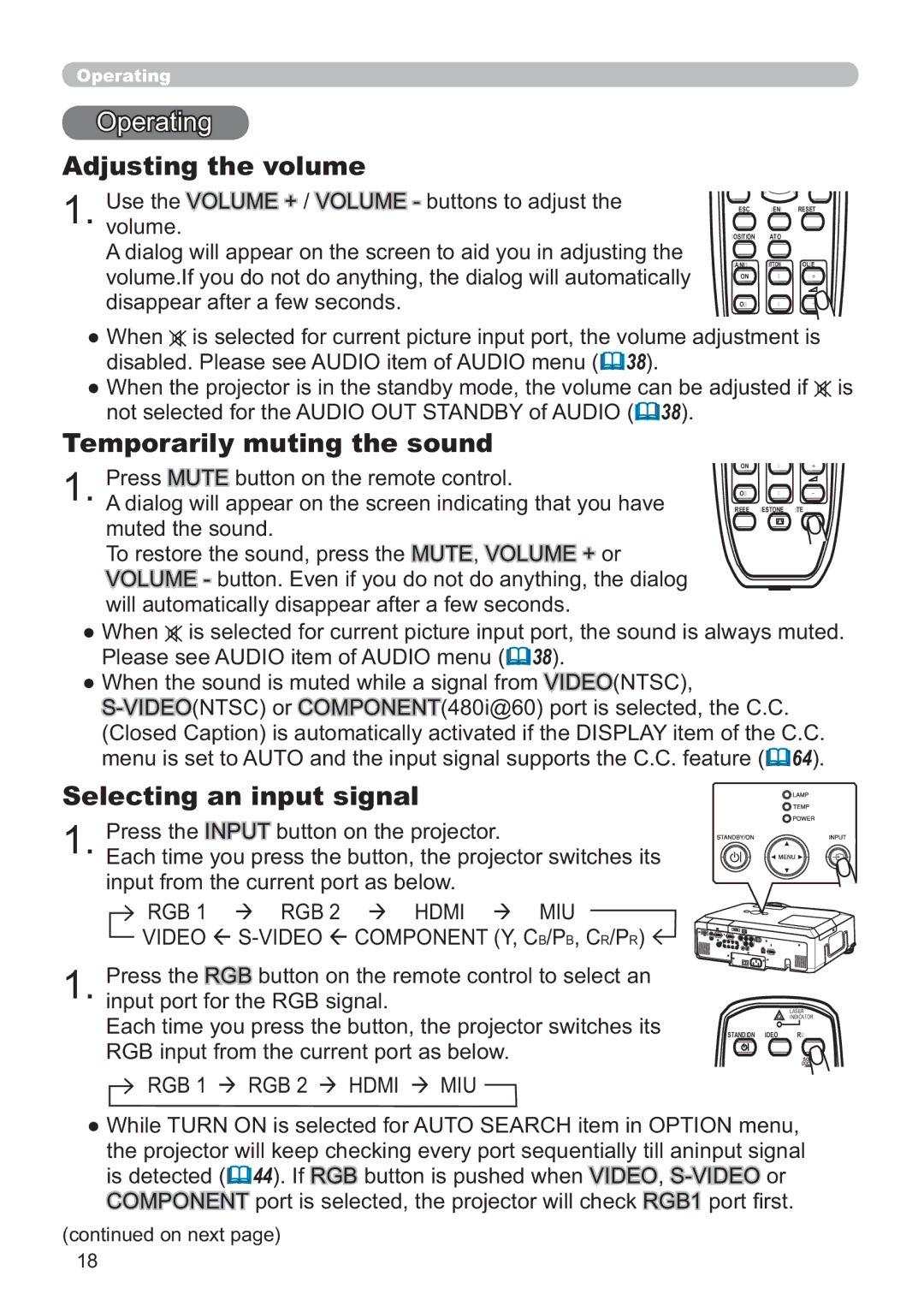 Hitachi CP-X809W user manual Adjusting the volume, Temporarily muting the sound, Selecting an input signal 