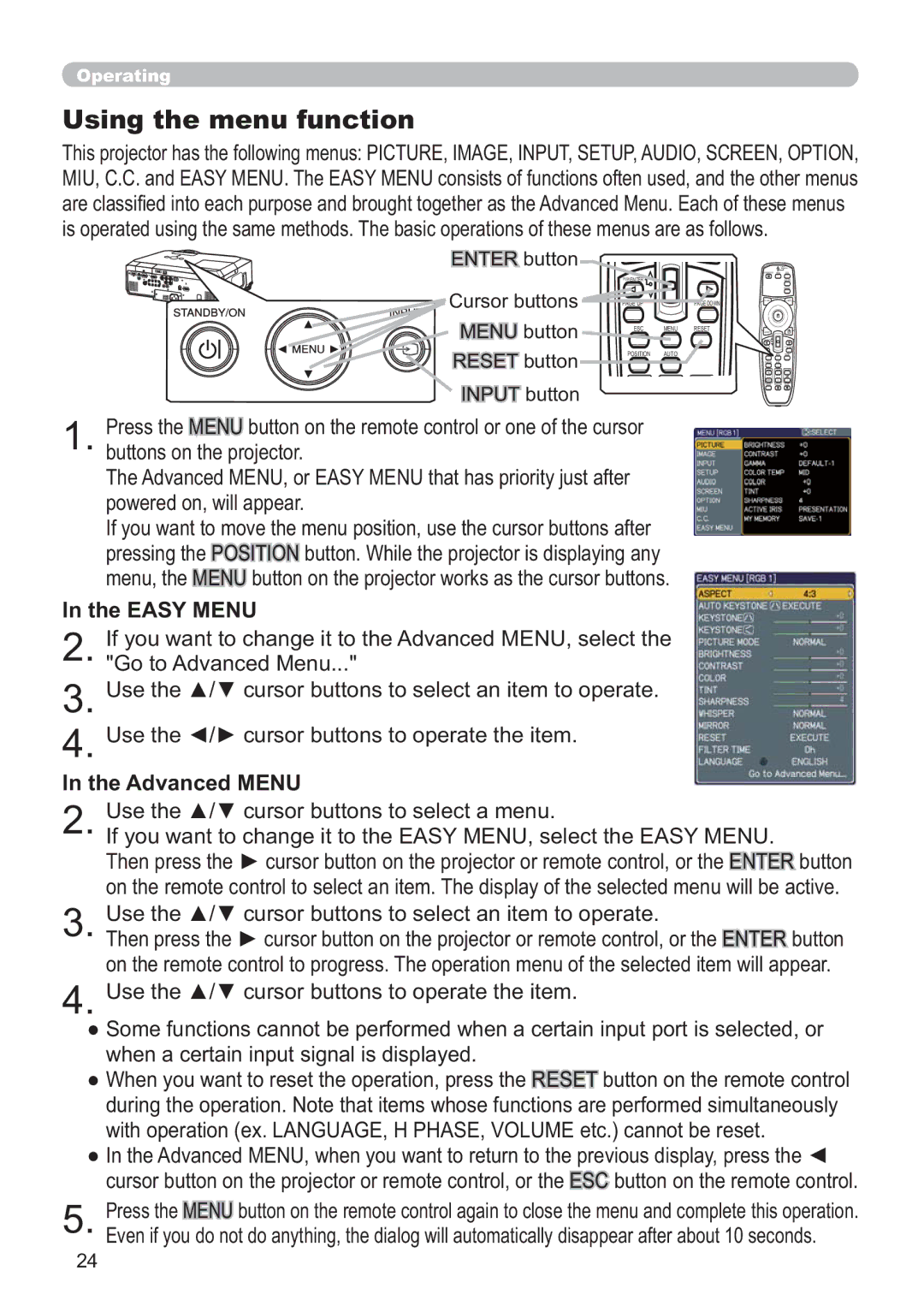 Hitachi CP-X809W Using the menu function, WKH$GYDQFHG018, ZkhqDFhuwdlqLqsxwVljqdoLvGlvsod\Hg, 018EXWWRQ 