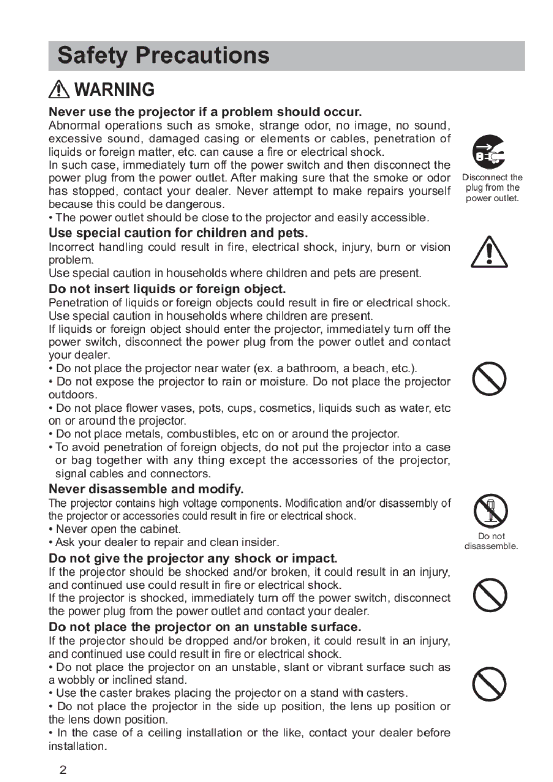 Hitachi CP-X809W user manual Never use the projector if a problem should occur, Use special caution for children and pets 