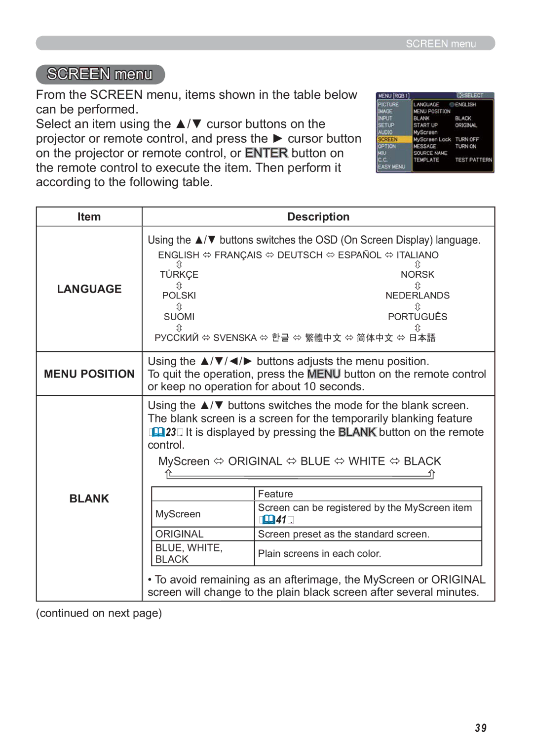 Hitachi CP-X809W user manual Frqwuro, 6FUHHQÙ25,*,1$/Ù%/8Ù+,7Ù%/$, Blank 