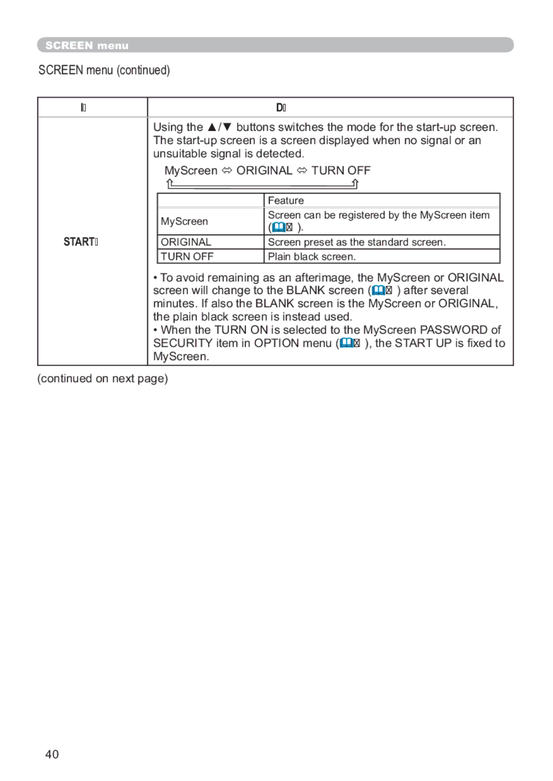 Hitachi CP-X809W user manual Screen menu, XqvxlwdeohVljqdoLvGhwhfwhg, 6FUHHQÙ25,*,1$/Ù78512, 41 , Start UP 