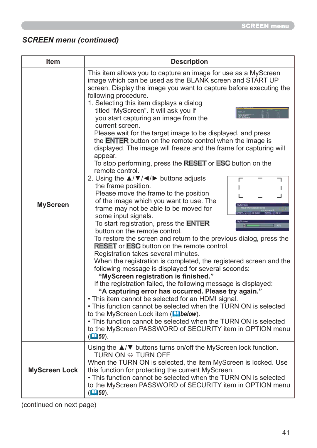 Hitachi CP-X809W user manual Dsshdu, MyScreen IUDPHPD\QRWEHDEOHWREHPRYHGIRU, ³0\6FUHHQUHJLVWUDWLRQLV¿QLVKHG´ 