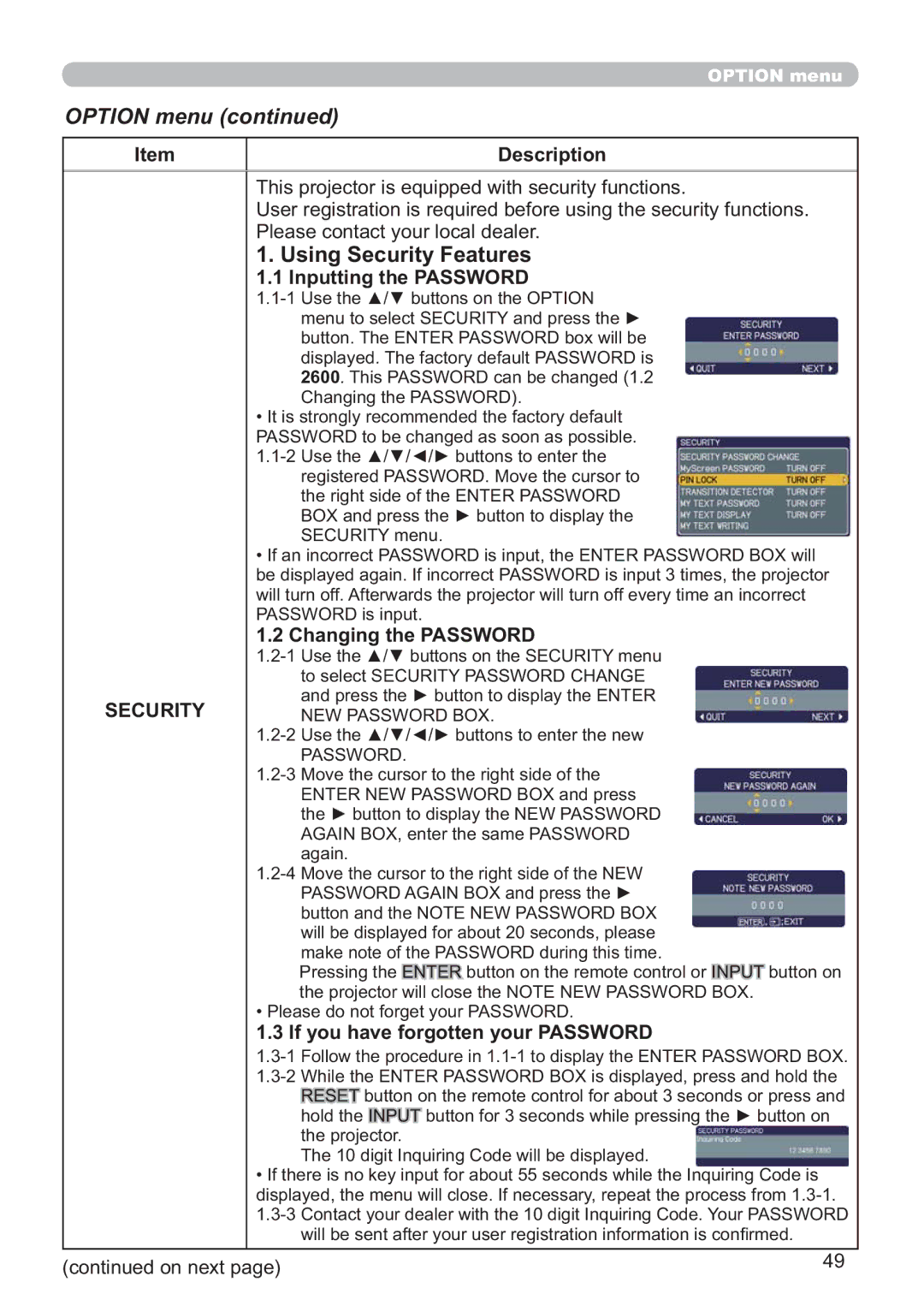 Hitachi CP-X809W user manual Using Security Features, ,QSXWWLQJWKH3$6625, &KDQJLQJWKH3$6625 