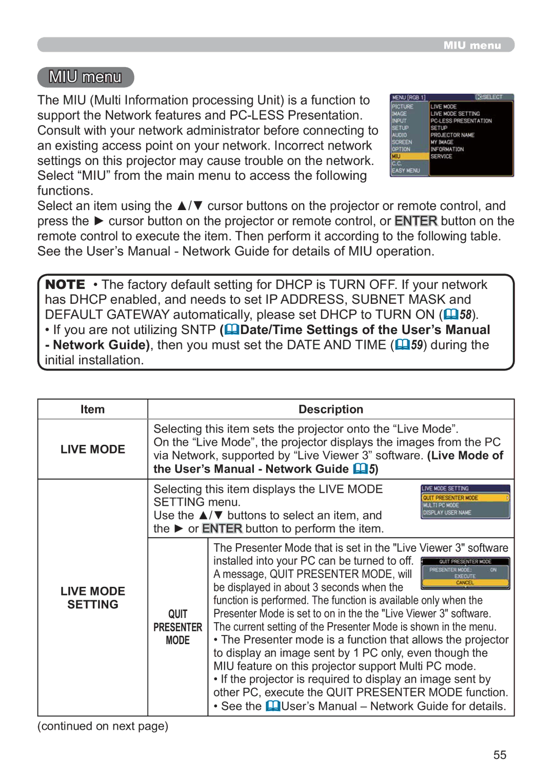 Hitachi CP-X809W user manual VXSSRUWWKH1HWZRUNIHDWXUHVDQG3&/663UHVHQWDWLRQ, Live Mode, 677,1 